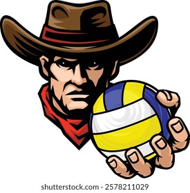 Cowboy man cowboys volleyball sports team mascot holding volleyball ball