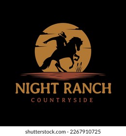 Cowboy Man Equestrian Horse Silhouette at Sunset Sun Moon logo design illustration