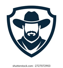 Cara de hombre de vaquero con barba y sombrero en icono de elemento de diseño de logotipo de escudo