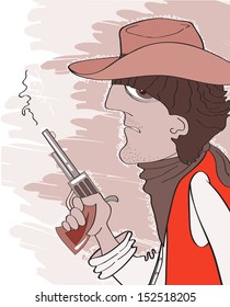 Cowboy man in hat with gun.Vector illustration