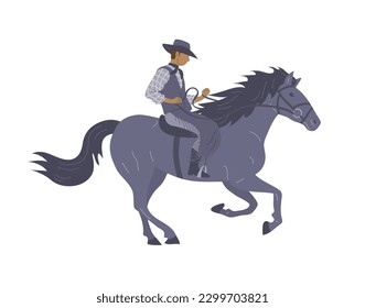 Cowboy man in a hat rides a horse. Wild West, western, rodeo and horse racing. Cartoon vector illustration isolated on white background