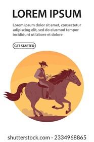 Cowboy man in a hat rides a horse. Desert and hot sunset. Wild West, western, rodeo and horse racing. Cartoon vector illustration. Design for website, banner