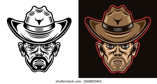 Cowboy man head with bristle in hat vector character illustration in two styles black on white and colored on dark background