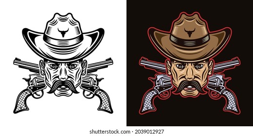 Cowboy man head with mustache and crossed guns vector illustration in two styles black on white and colorful on dark background