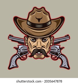 Cowboy man head with mustache in hat and crossed guns vector illustration in colorful cartoon style isolated on light background