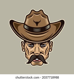 Cowboy man head with mustache in hat vector illustration in colored cartoon style on light background