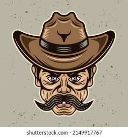 Cowboy man head with mustache in hat vector illustration in colored cartoon style on light background