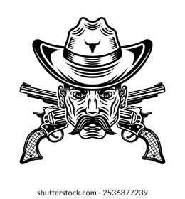 Cowboy man head with mustache hat and crossed guns vector illustration in monochrome style isolated on white background