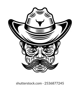 Cabeça de homem de Cowboy com bigode na ilustração do vetor de chapéu em estilo preto e branco vintage isolado