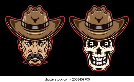 Cowboy man head with mustache and skull in hats vector illustration in colorful style on dark background