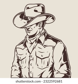 Cowboy man vintage sticker monochrome with daredevil guy in Texas rider style hat and shirt vector illustration