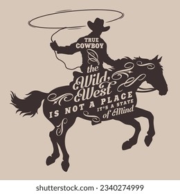 Cowboy man vintage sticker monochrome with daredevil in horse saddle using lasso for hunting wild animals or rodeo vector illustration