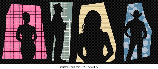 Cowboy man and woman silhouette collage. Line grid paper cutout texture. Transparent background element set. Abstract human community and diverse culture pattern.