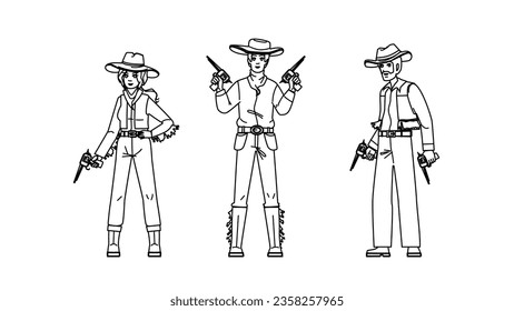 cowboy man woman vector. western wo, horse male, white west, wild country, horseback rider cowboy man woman character. people black line illustration