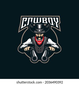 Cowboy Mascot Logo Design Vector With Modern Illustration Concept Style For Badge, Emblem And T Shirt Printing. Cowboy Illustration With Guns In Hand.