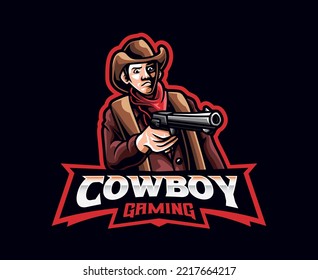 Cowboy Mascot Logo Design. Vector Illustration Cowboy Holding Gun. Logo Illustration For Mascot Or Symbol And Identity, Emblem Sports Or E-sports Gaming Team