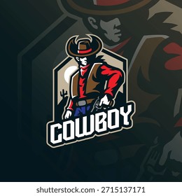 Vector de diseño de logotipo de mascota de vaquero. Ilustración de vaquero con pistola en mano.