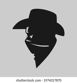 Cowboy masked outlaw symbol side view on gray backdrop. Design element