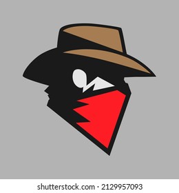 Cowboy masked outlaw symbol side view on gray backdrop. Design element