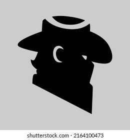 Cowboy masked outlaw symbol side view on gray backdrop. Design element