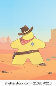 A cowboy meeple against a rocky desert background.