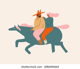 Cowboy men and women riding horse together, romantic couple horse walk in vector.