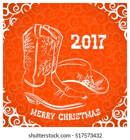 Cowboy merry christmas with cowboy boots and western hat.Vector red illustration