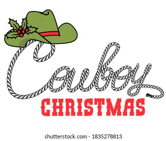 Cowboy Merry Christmas card with Cowboy hat and rope text. Vector illustration isolated on white for design