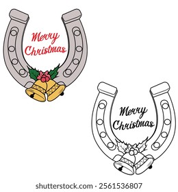 Cowboy Merry Christmas with lucky horseshoe and bells. Cowboy Christmas illustration.