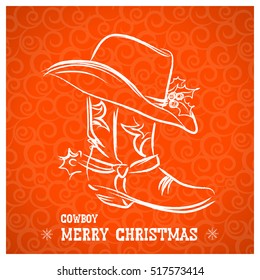 Cowboy merry christmas and New Year with cowboy boot and western hat.Vector illustration