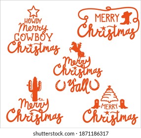 Cowboy Merry Christmas set with typography text. Vector cowboy labels for greeting cards or banners isolated 