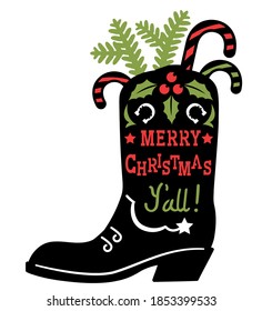 Cowboy Merry Christmas. Vector black printable illustration with Cowboy Country boot silhouette and holiday text isolated on white for design