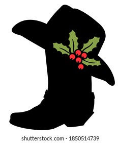 Cowboy Merry Christmas. Vector printable illustration with Cowboy boot silhouette and Western hat and holly berry decoration isolated on white for design