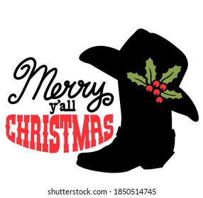 Cowboy Merry Christmas. Vector printable illustration with Cowboy Country boot and Western hat and holiday text isolated on white for design.