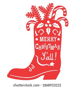 Cowboy Merry Christmas. Vector printable red illustration with Cowboy Country boot silhouette and holiday text isolated on white for design