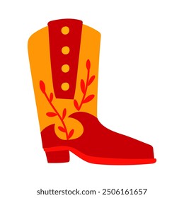 Cowboy, Mexican boots with a grass pattern. The theme of a cowboy western and the wild west. Vector isolated red yellow isolated object design. High-heeled shoes, unisex with leaf pattern