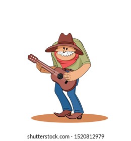 Cowboy with a mustache and a guitar. Old farmer. Cowboy hat. Cowboy boots. Cartoon character. Vector illustration for postcard, poster, book, website.