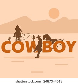 Cowboy National Day event banner. Bold text with illustrations of cowboys with their horses on light brown background to celebrate on July