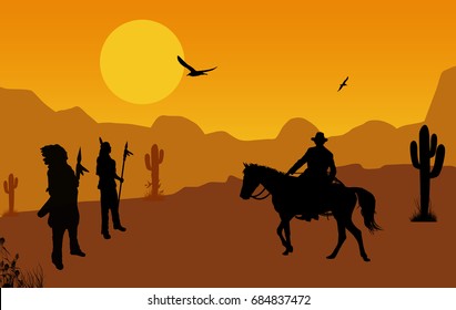 Cowboy and native american indians on wild west at orange sunset, background illustration