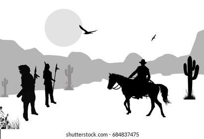 Cowboy and native american indians on wild west, background illustration on black and white