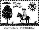 A cowboy in a nature setting, with birds, tree and cloud. Woodcut style, separate vectors.