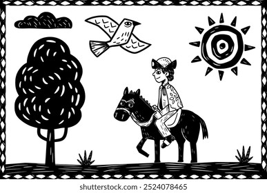 A cowboy in a nature setting, with birds, tree and cloud. Woodcut style, separate vectors.