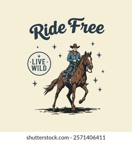 A cowboy on a brown horse rides across the landscape, symbolizing freedom and the wild west.