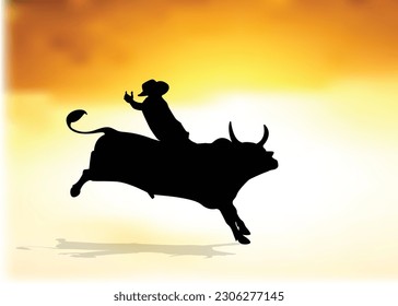 Cowboy on bucking cow jumping, design on sunset background graphic vector. bull vector for mascot or logo isolated on  background.