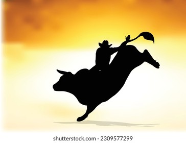 Cowboy on bucking cow jumping, design on sunset background graphic vector. bull vector for mascot or logo isolated on  background.