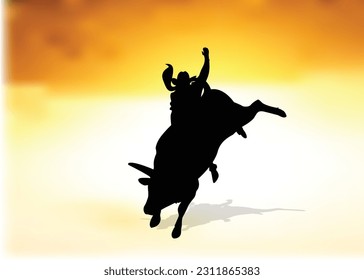 Cowboy on bucking cow jumping, design on sunset background graphic vector. bull vector for mascot or logo isolated on  background.