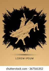 Cowboy on bucking cow jumping, design using grunge brush graphic vector.