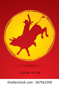 Cowboy on bucking cow jumping, design on grunge circle background graphic vector.