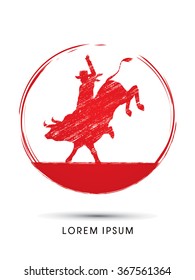 Cowboy on bucking cow jumping, design using grunge brush graphic vector.