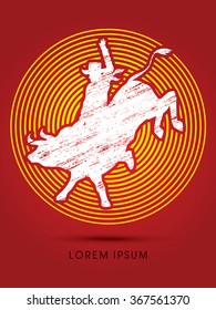 Cowboy on bucking cow jumping, design using grunge brush on light circle graphic vector.